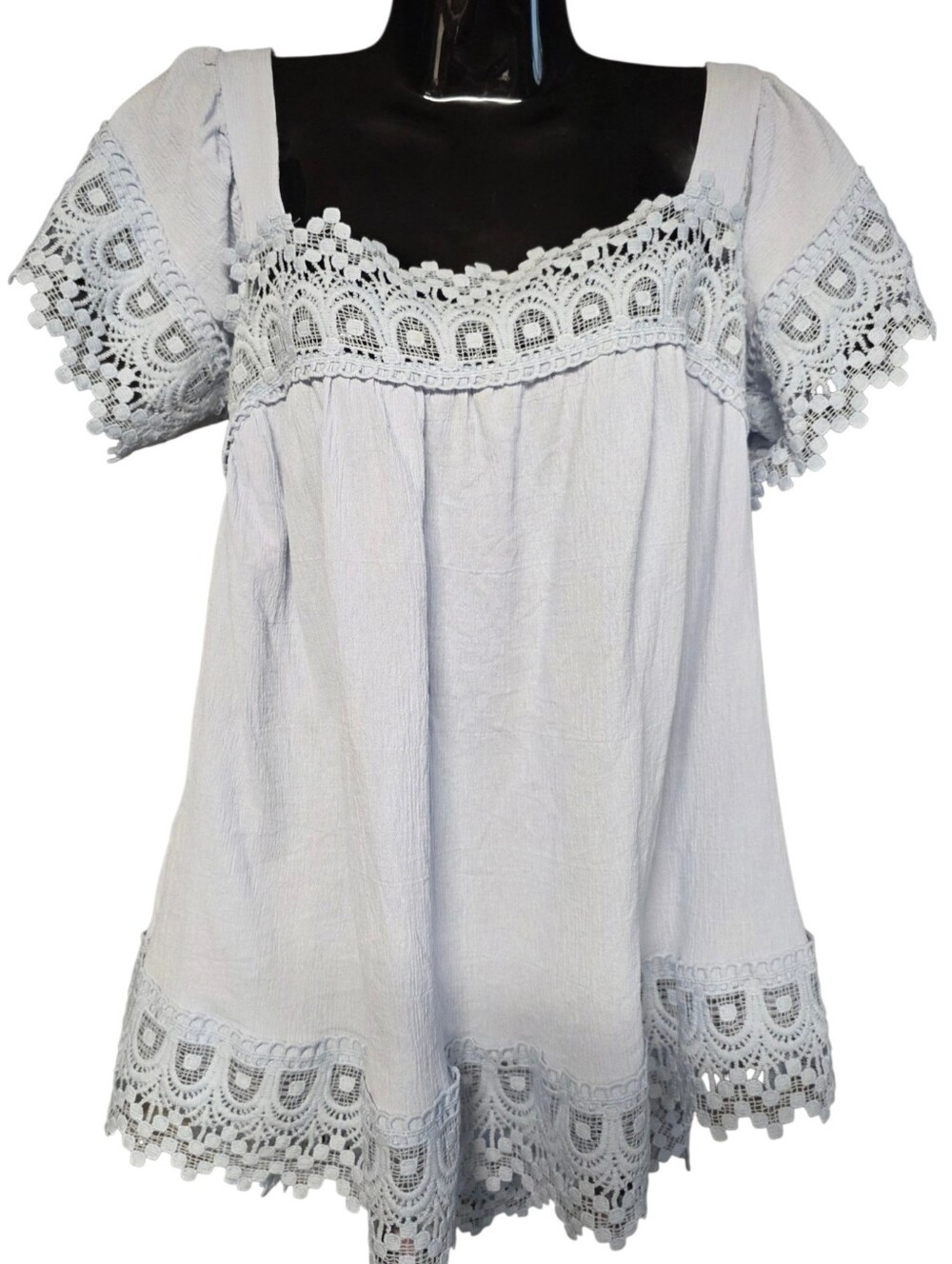 Crochet Trim Square Neck Top - Light Blue